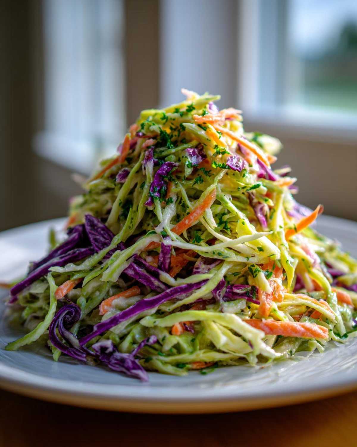 A tall mound of fresh, creamy cabbage salad featuring shredded green and purple cabbage and carrots, garnished with parsley.