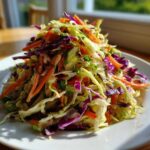 Close-up of a vibrant, freshly made cabbage salad piled high on a white plate, featuring shredded green and purple cabbage and carrots.