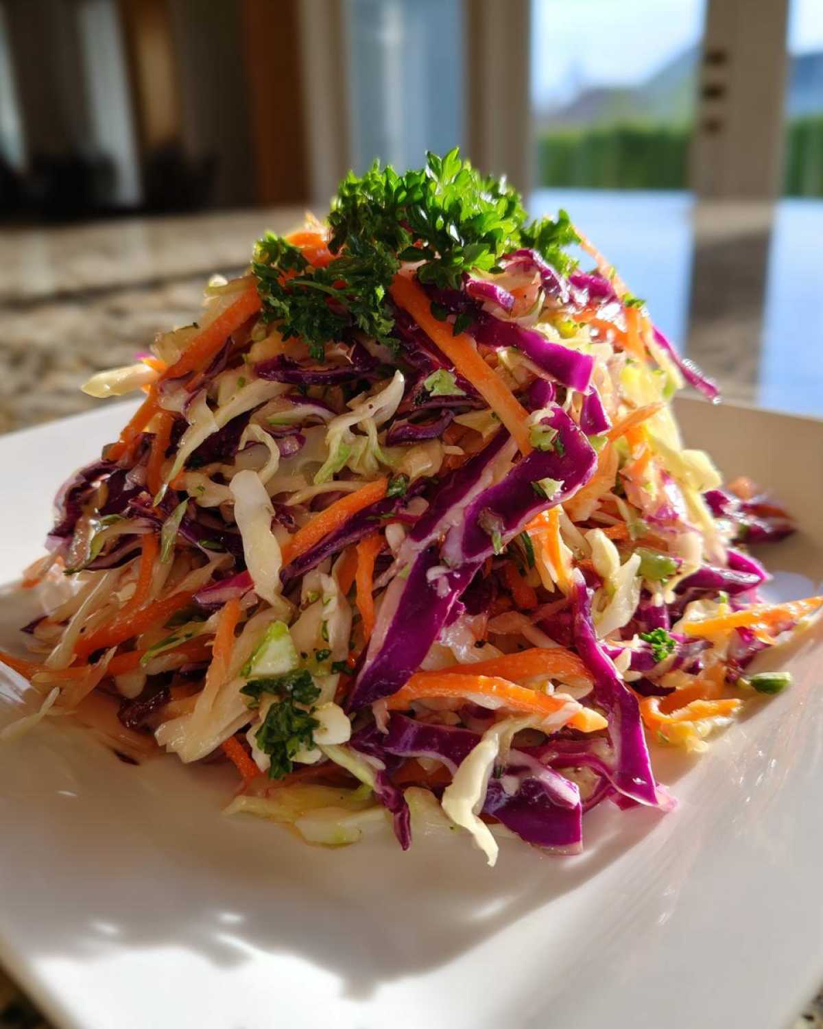 A colorful mound of fresh cabbage salad featuring shredded red and white cabbage, carrots, and topped with parsley.