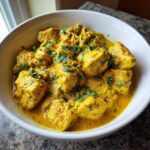 Close-up of chunks of vibrant yellow coconut chicken coated in rich sauce and garnished with fresh cilantro.