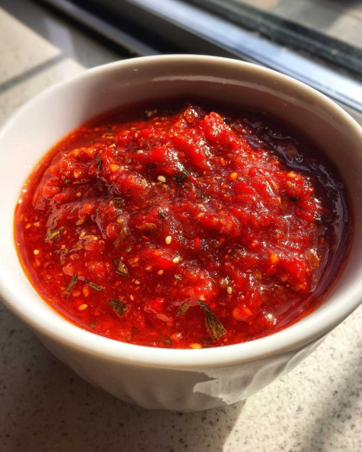 Close-up of thick, bright red homemade pizza sauce seasoned with herbs and seeds in a small white bowl.