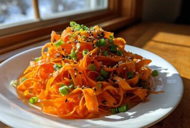 A vibrant mound of ribboned raw carrot salad topped with black sesame seeds and chopped green onions.