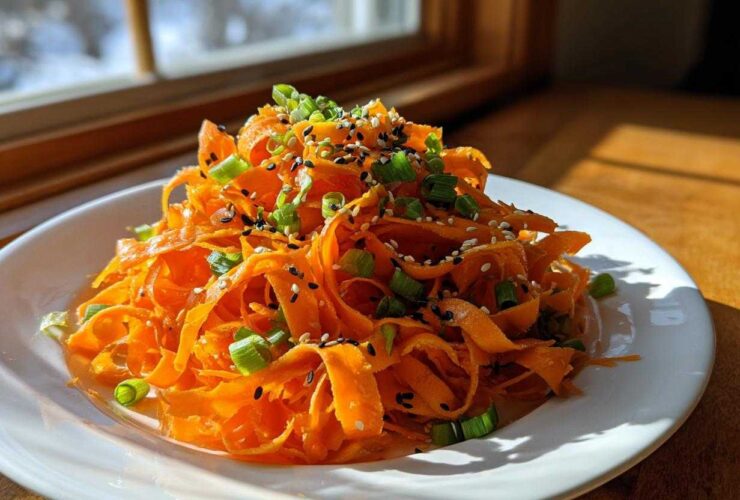 A vibrant mound of ribboned raw carrot salad topped with black sesame seeds and chopped green onions.