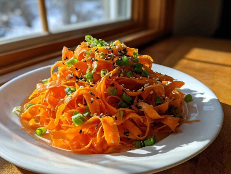 A vibrant mound of ribboned raw carrot salad topped with black sesame seeds and chopped green onions.