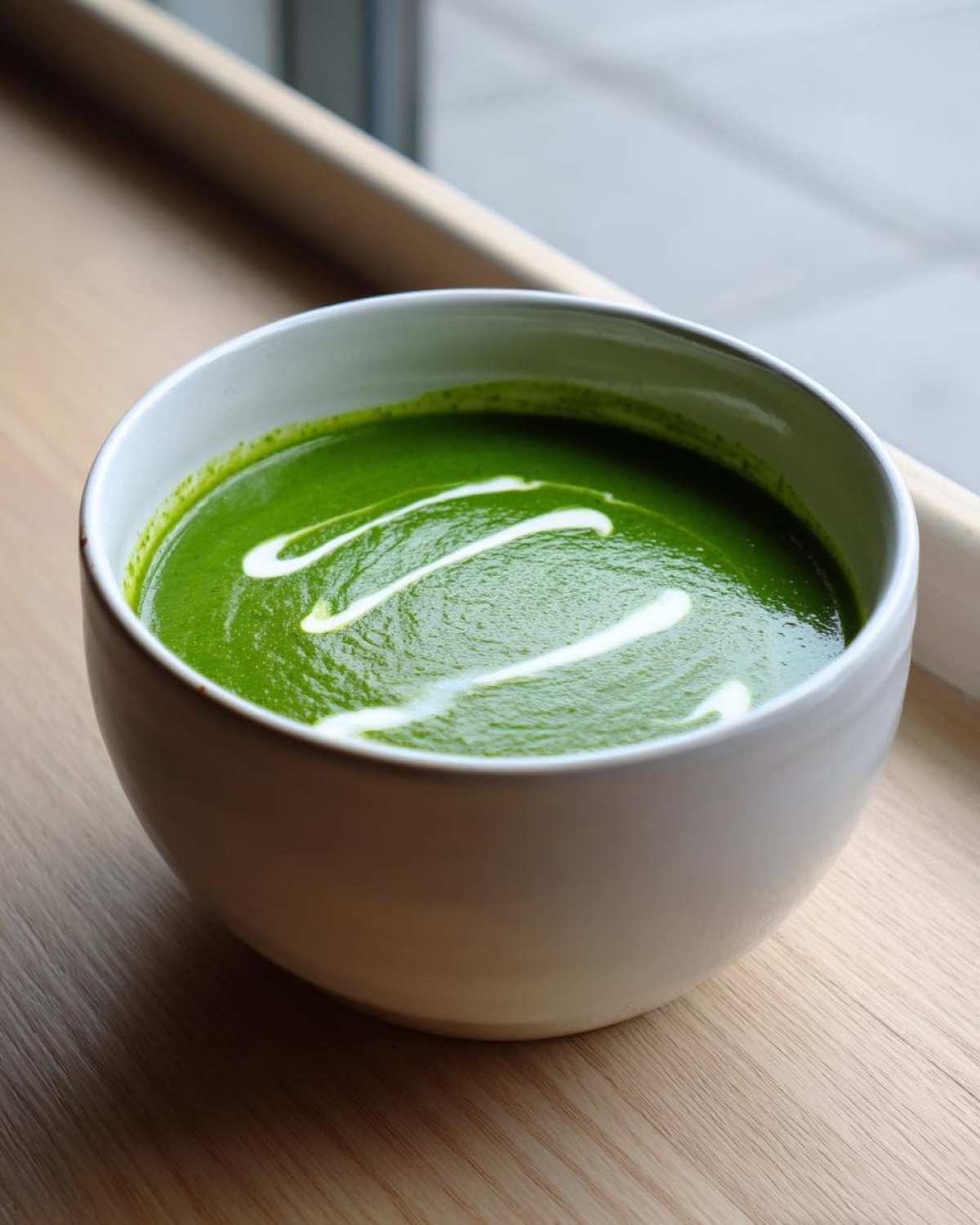A close-up of bright green zucchini soup topped with a swirl of white cream in a white bowl.