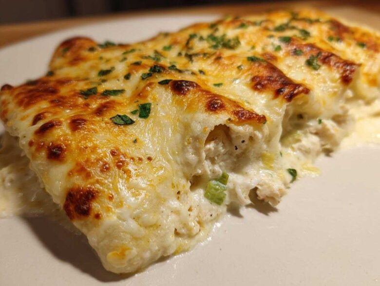 Close-up of creamy white chicken enchiladas topped with bubbly, browned melted cheese and parsley.