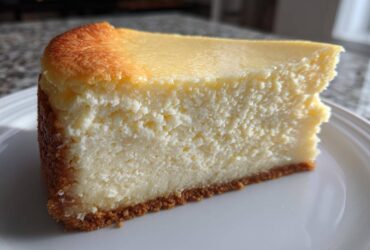 A close-up of a thick, creamy slice of white chocolate cheesecake with a golden-brown top and graham cracker crust.