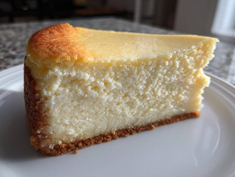 A close-up of a thick, creamy slice of white chocolate cheesecake with a golden-brown top and graham cracker crust.