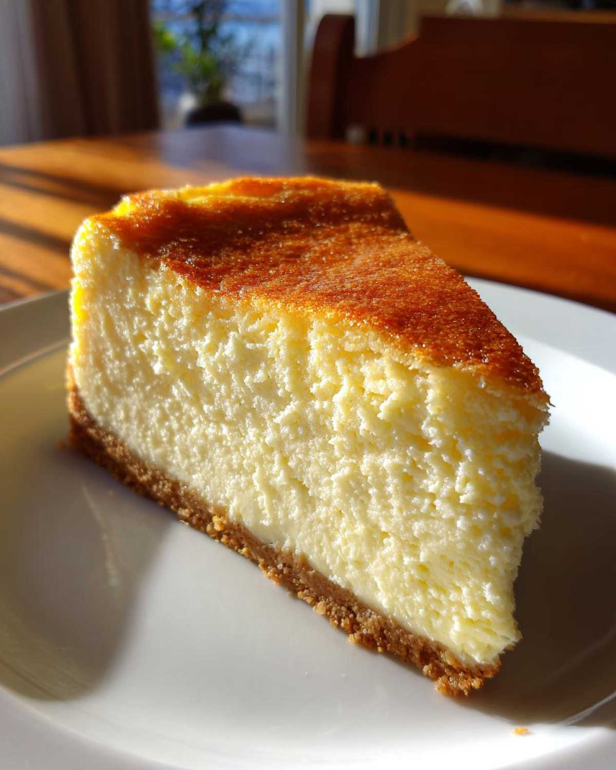 A perfect slice of creamy white chocolate cheesecake with a graham cracker crust sits on a white plate.