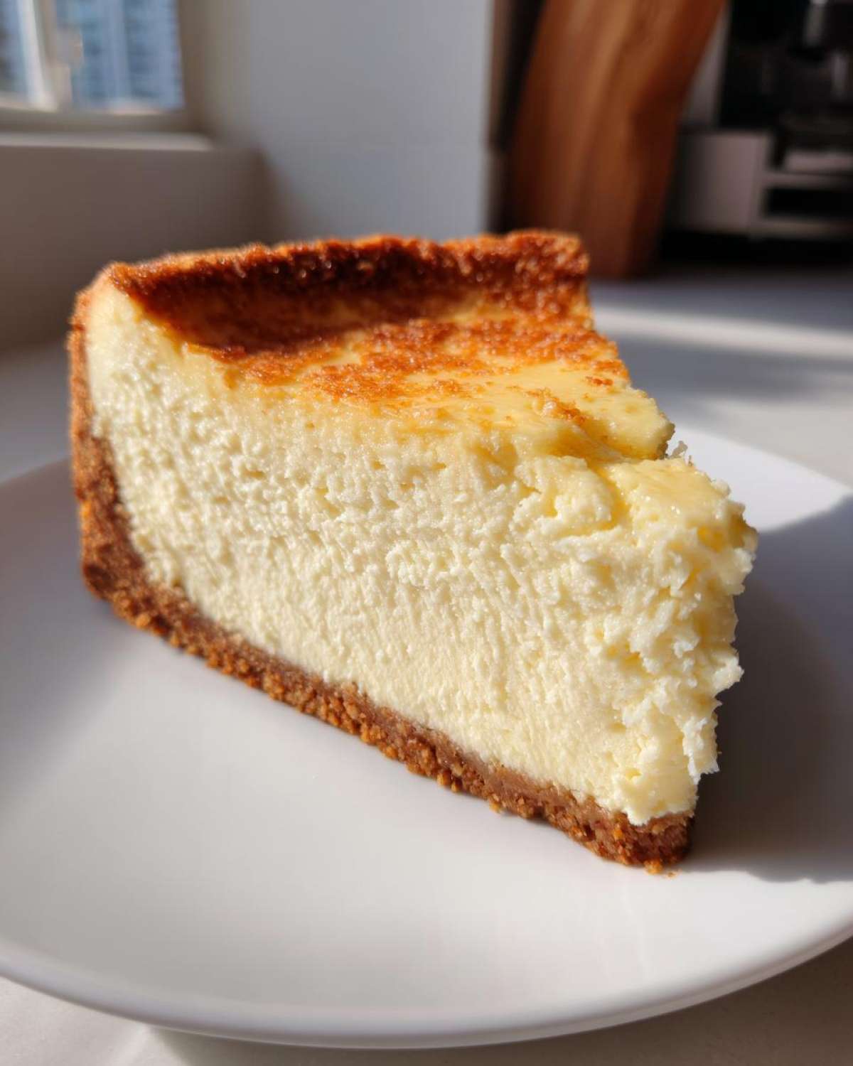 A close-up slice of creamy white chocolate cheesecake with a golden-brown top and graham cracker crust.