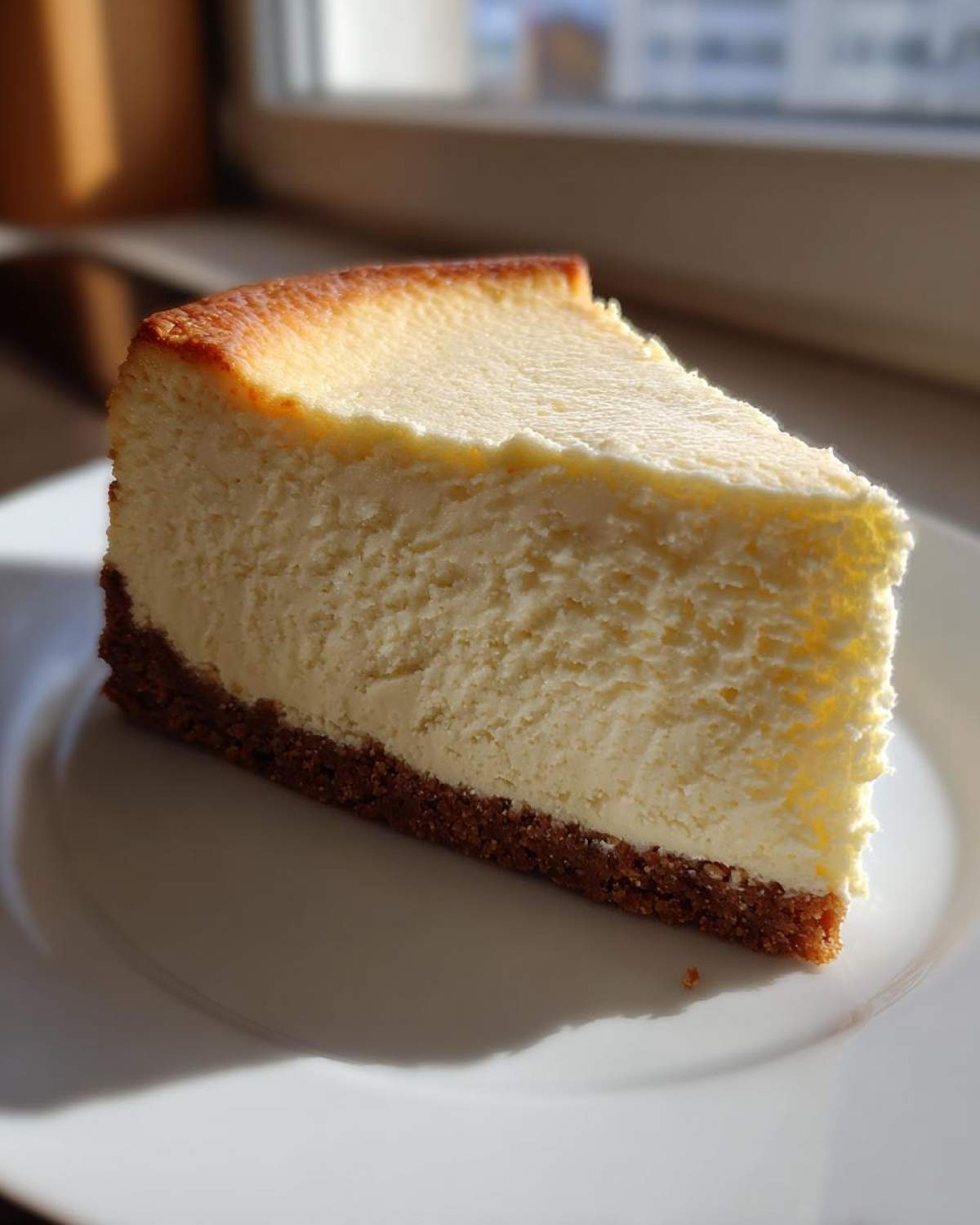 A close-up slice of creamy white chocolate cheesecake with a dark graham cracker crust, sitting on a white plate in natural sunlight.