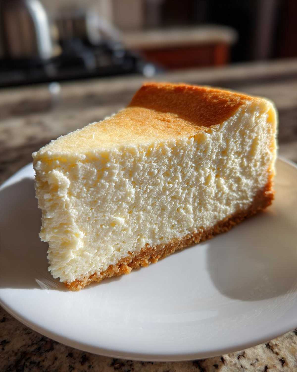 A perfect slice of creamy white chocolate cheesecake with a golden top and graham cracker crust.