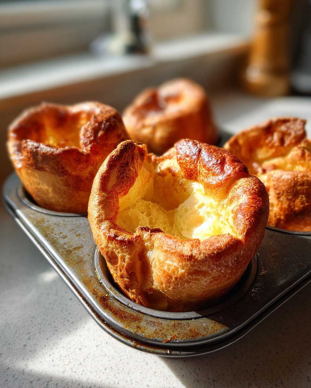 Four golden brown, perfectly risen yorkshire pudding puffs sitting in a well-used metal muffin tin.