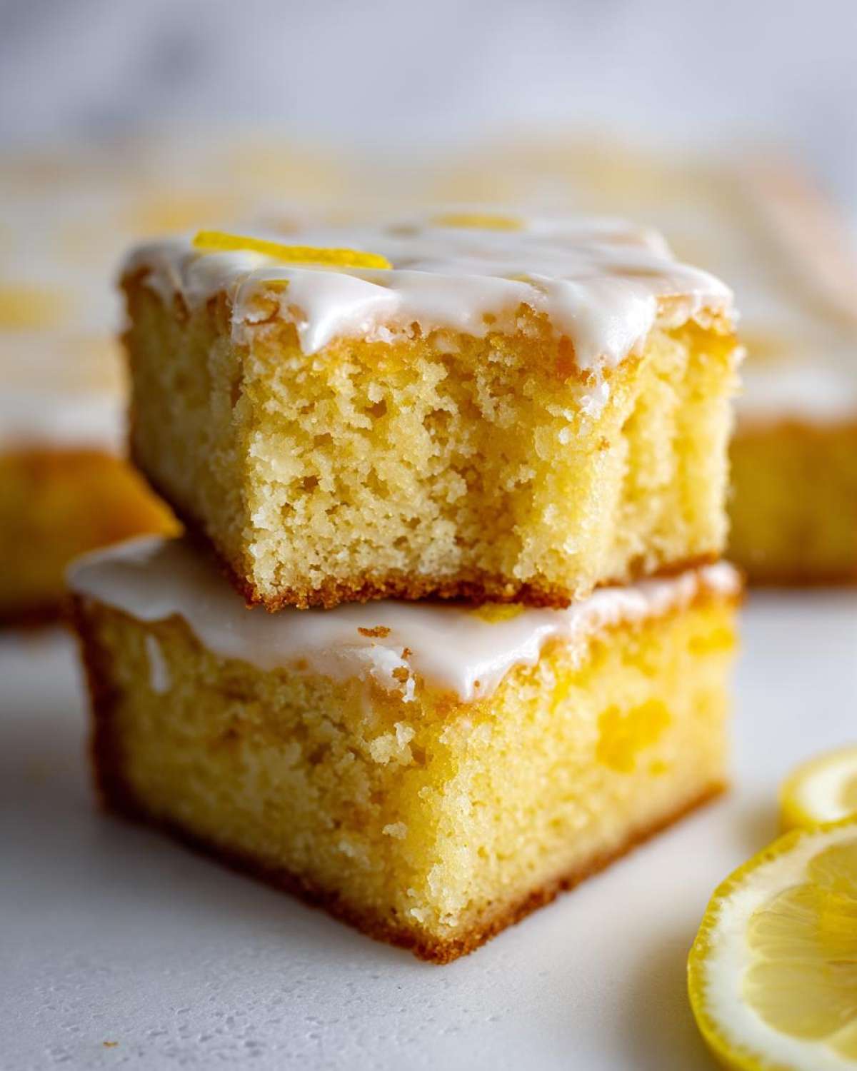 Two squares of moist, yellow Lemon Brownies stacked, topped with white glaze and lemon zest.