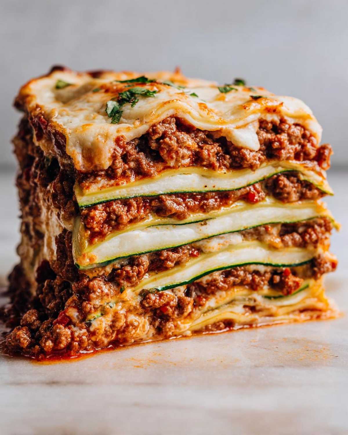 Close-up of a tall, layered slice of zucchini lasagna featuring meat sauce and melted cheese.