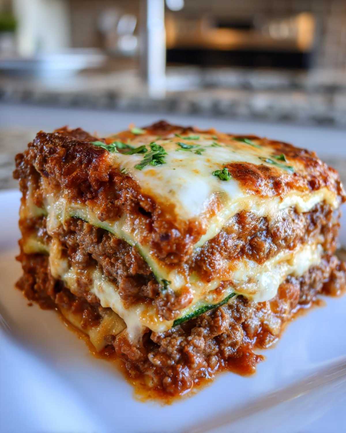 A close-up of a thick slice of zucchini lasagna layered with meat sauce and melted cheese.