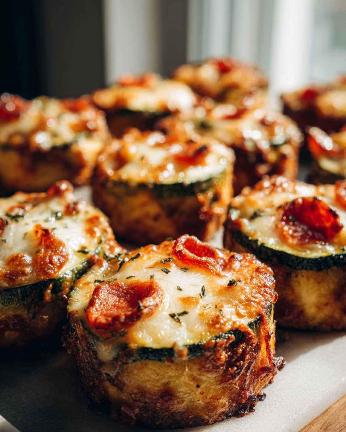 Close-up of freshly baked zucchini pizza bites topped with melted cheese and pepperoni slices.