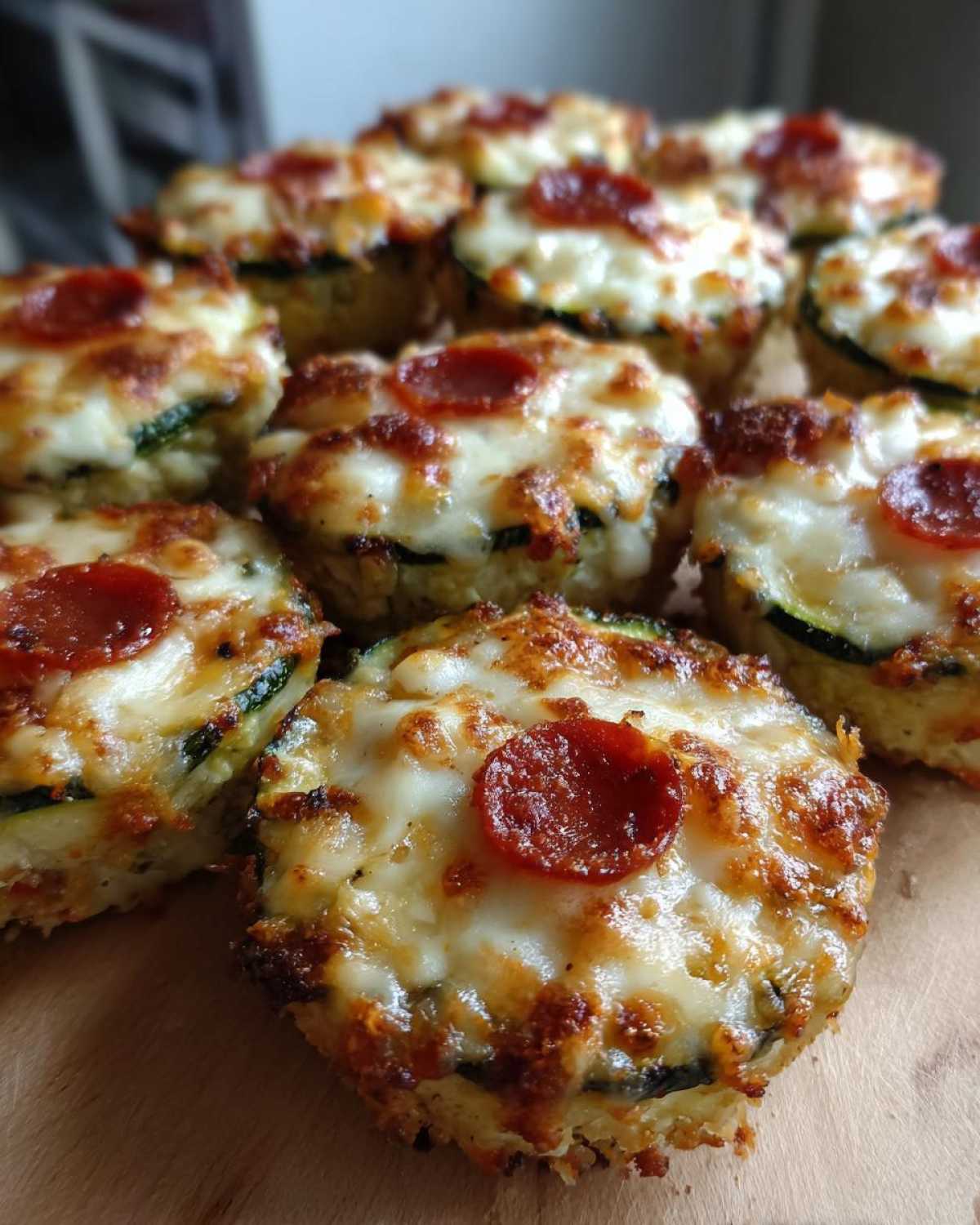 A close-up view of several baked zucchini pizza bites topped with melted, browned cheese and small pepperoni slices.