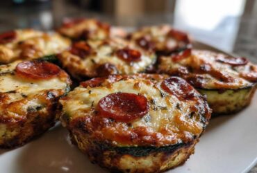 Close-up of several baked zucchini pizza bites topped with melted cheese and pepperoni slices.