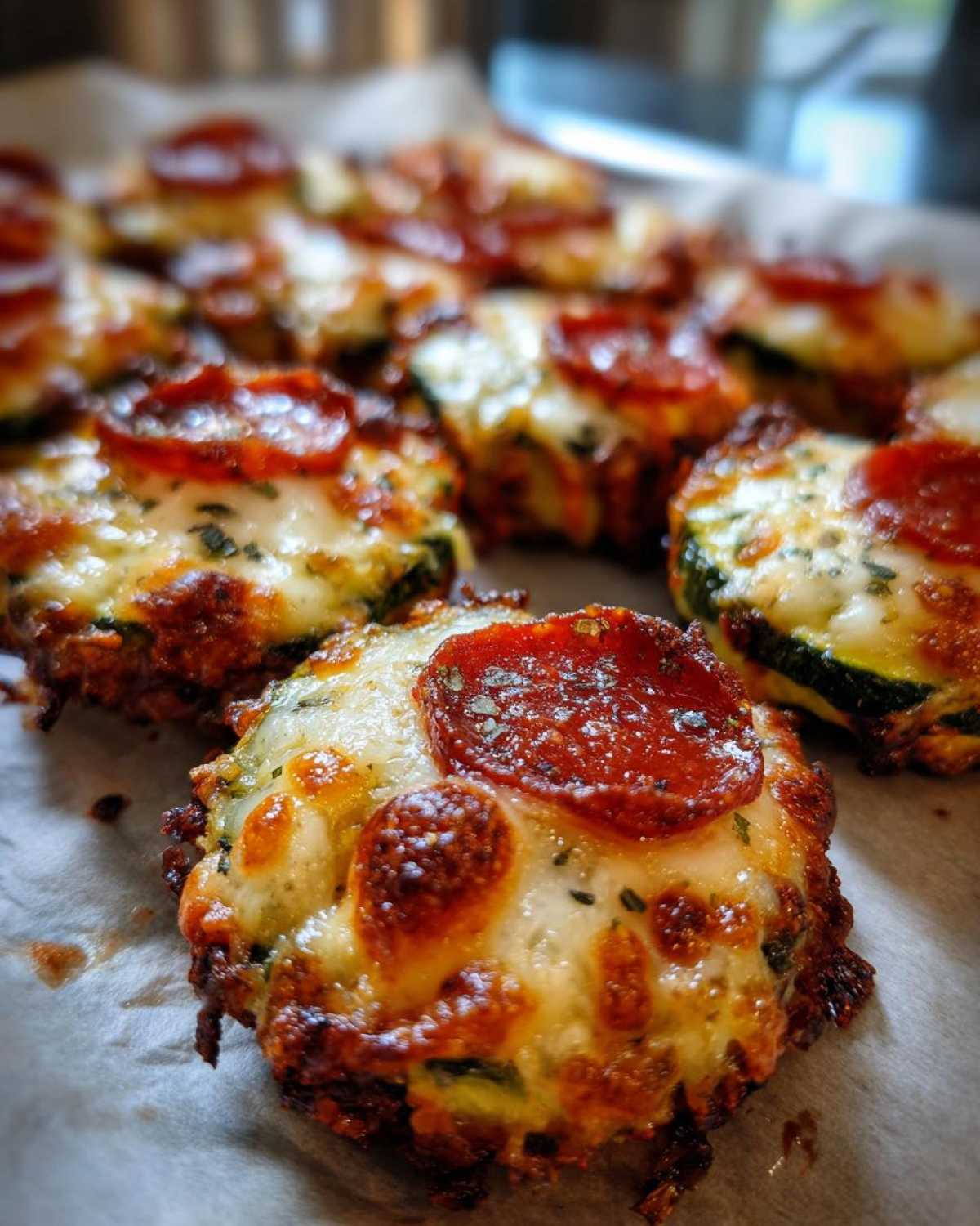 Close-up of baked zucchini pizza bites topped with melted cheese and pepperoni slices.