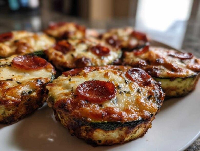 Close-up of several baked zucchini pizza bites topped with melted cheese and pepperoni slices.