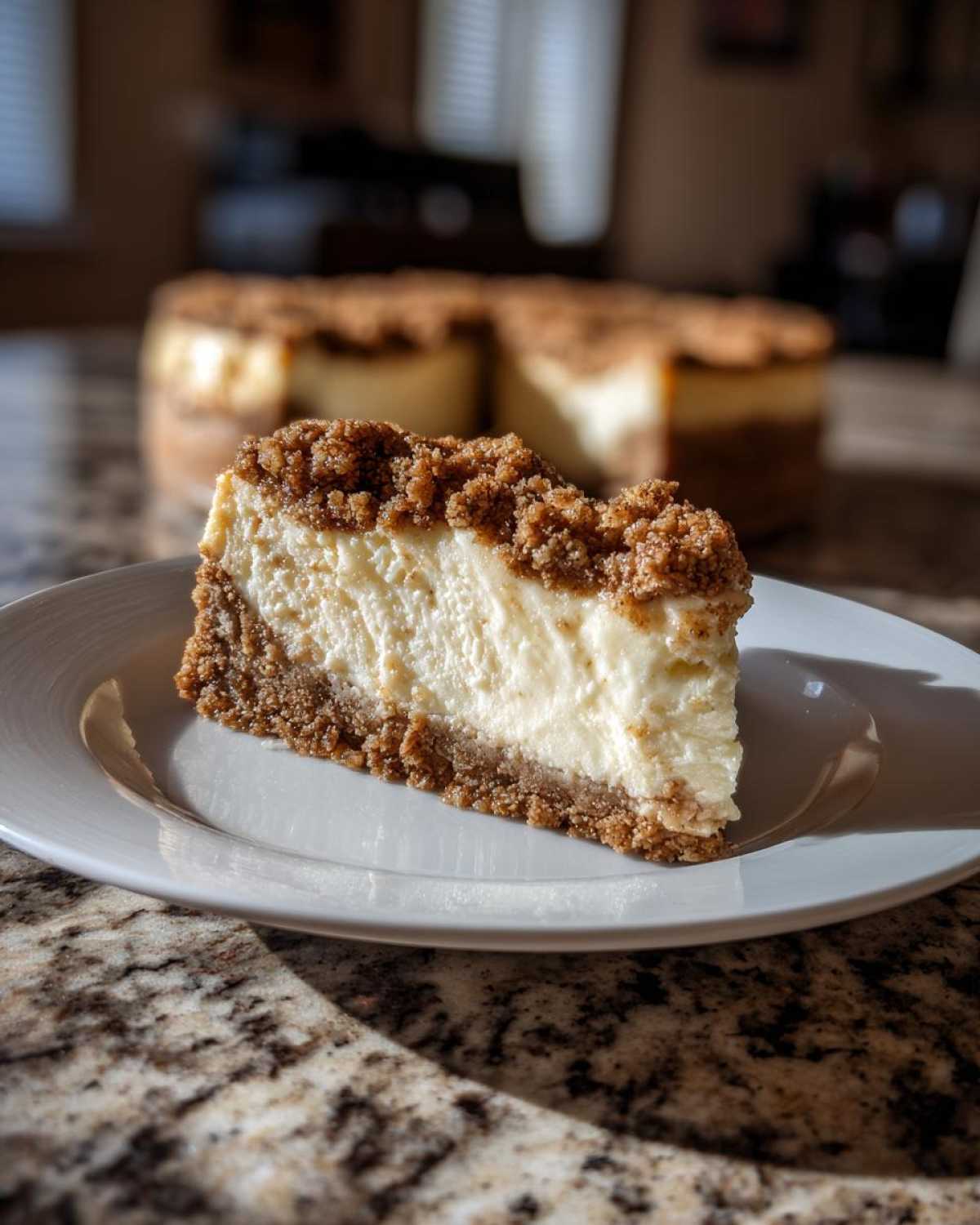 A close-up of one perfect slice of apple crisp cheesecake with a thick crumb topping on a white plate.
