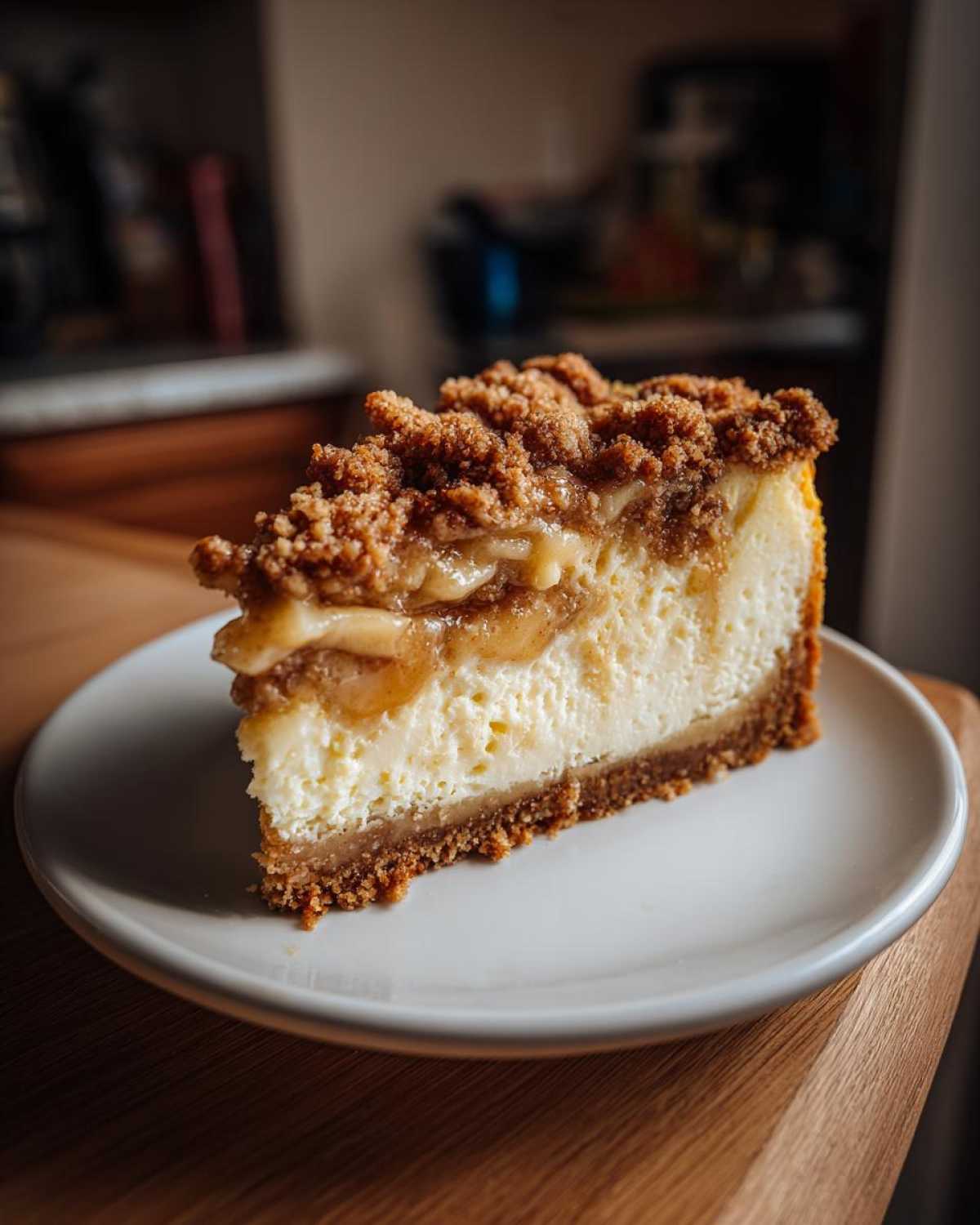 A tall slice of apple crisp cheesecake with a graham cracker crust, creamy filling, and crumb topping.