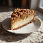 A perfect slice of apple crisp cheesecake with a graham cracker crust and crumb topping.