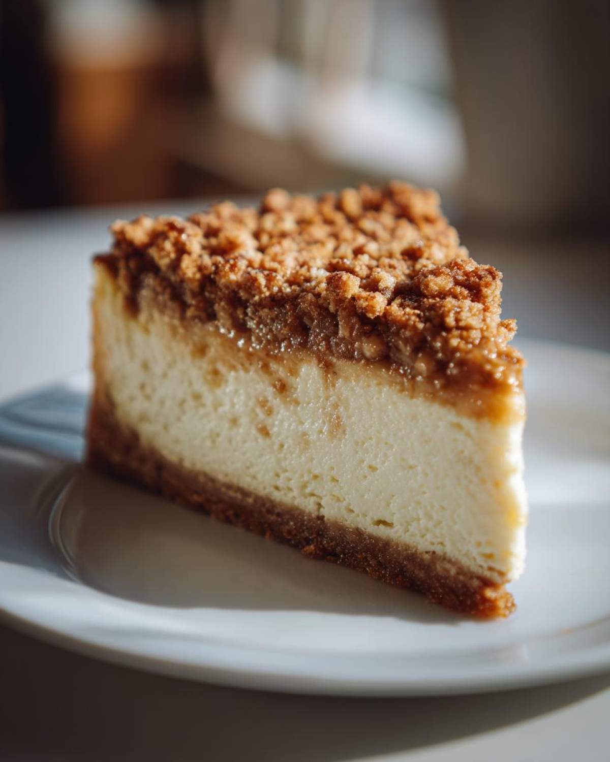 A close-up, beautifully lit slice of apple crisp cheesecake on a white plate.