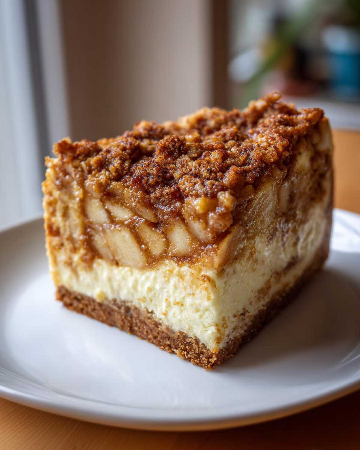A thick, decadent slice of apple crisp cheesecake with a graham cracker crust and crumb topping.
