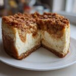 A close-up view of a thick slice removed from an apple crisp cheesecake, showing the creamy filling and crumb topping.