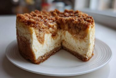A close-up view of a thick slice removed from an apple crisp cheesecake, showing the creamy filling and crumb topping.