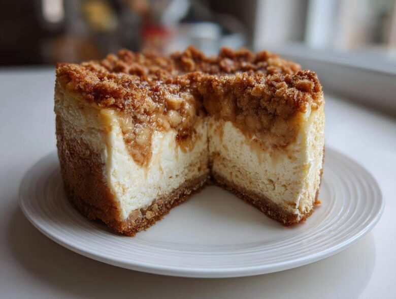A close-up view of a thick slice removed from an apple crisp cheesecake, showing the creamy filling and crumb topping.