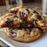 Close-up of two delicious brown butter chocolate chip cookies, one broken open revealing melted chocolate.
