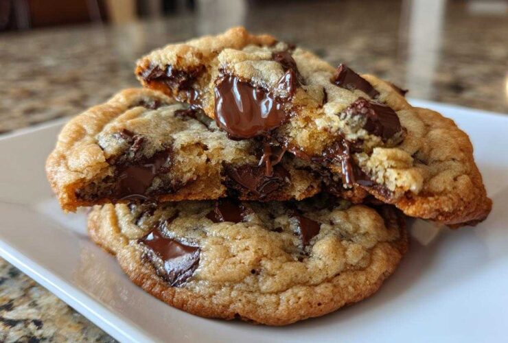 Close-up of two delicious brown butter chocolate chip cookies, one broken open revealing melted chocolate.