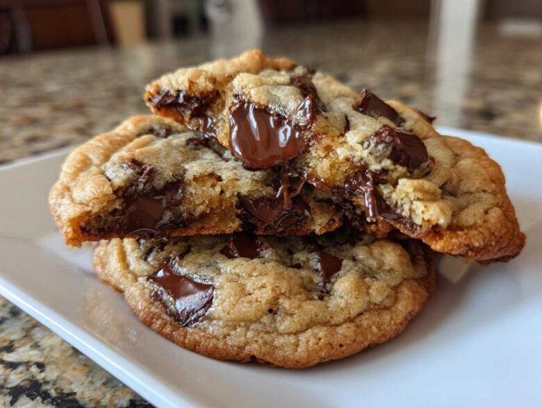 Close-up of two delicious brown butter chocolate chip cookies, one broken open revealing melted chocolate.