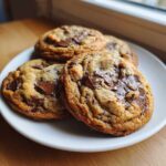 Four freshly baked brown butter chocolate chip cookies piled on a white plate with gooey melted chocolate.