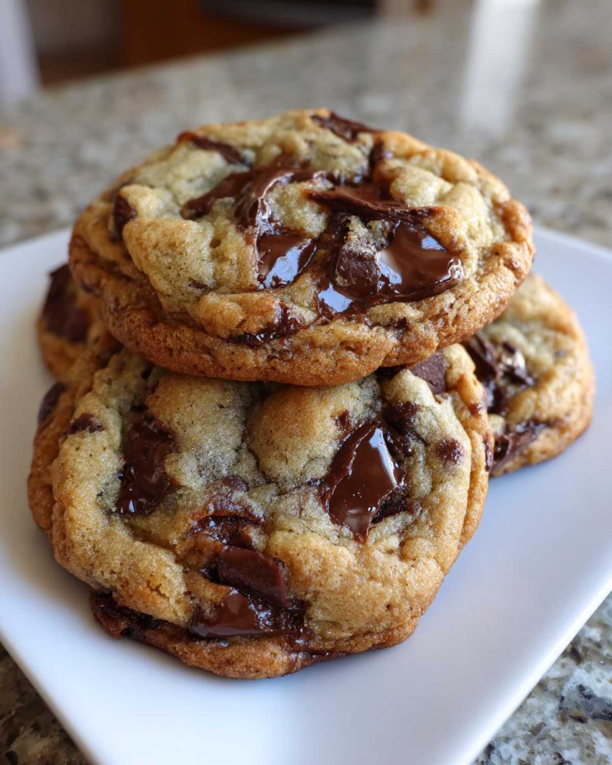 Stack of three gooey brown butter chocolate chip cookies with melted chocolate chunks on a white plate.