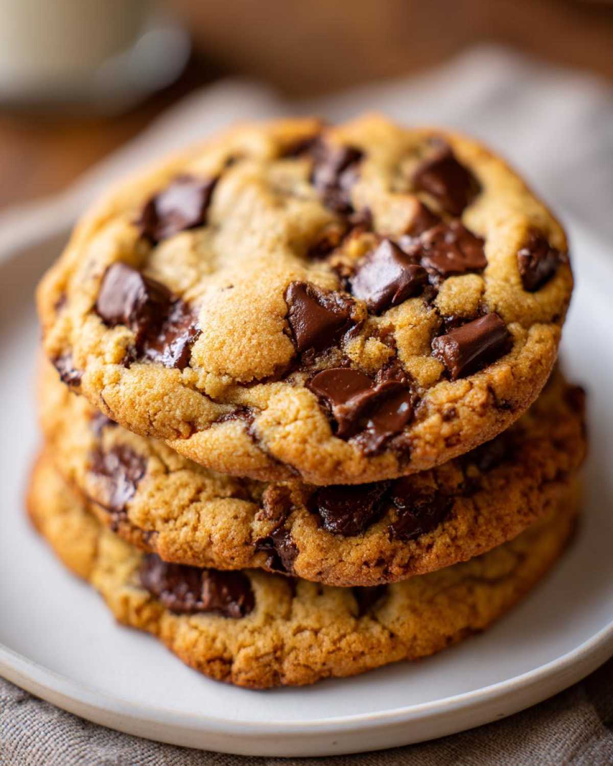 A stack of three golden brown butter chocolate chip cookies loaded with melted chocolate chunks.