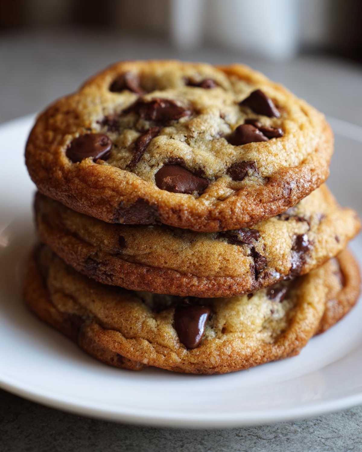 A close-up stack of three golden brown butter chocolate chip cookies with melted chocolate chunks.