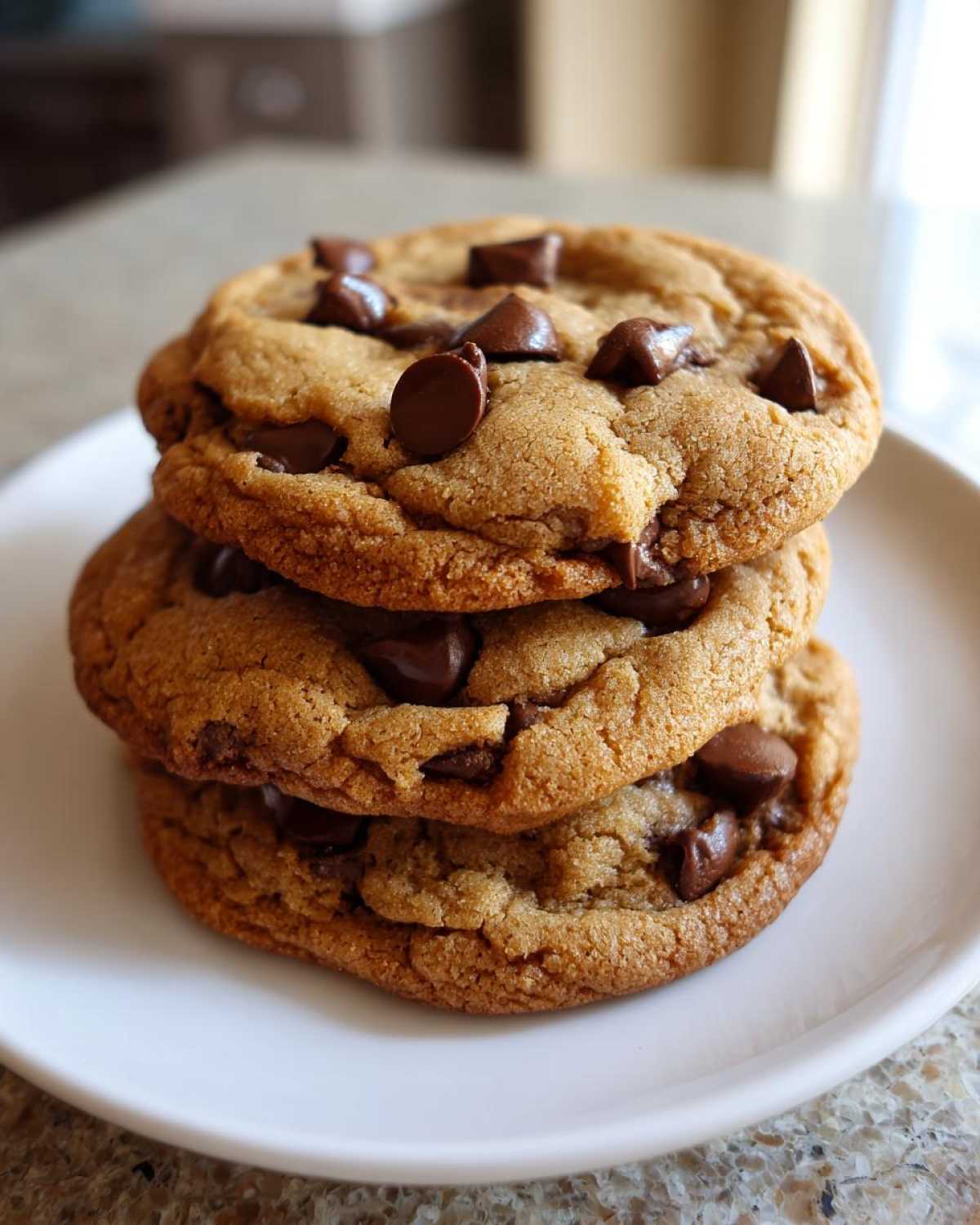 A stack of three perfectly baked brown butter chocolate chip cookies loaded with melted chocolate chips.