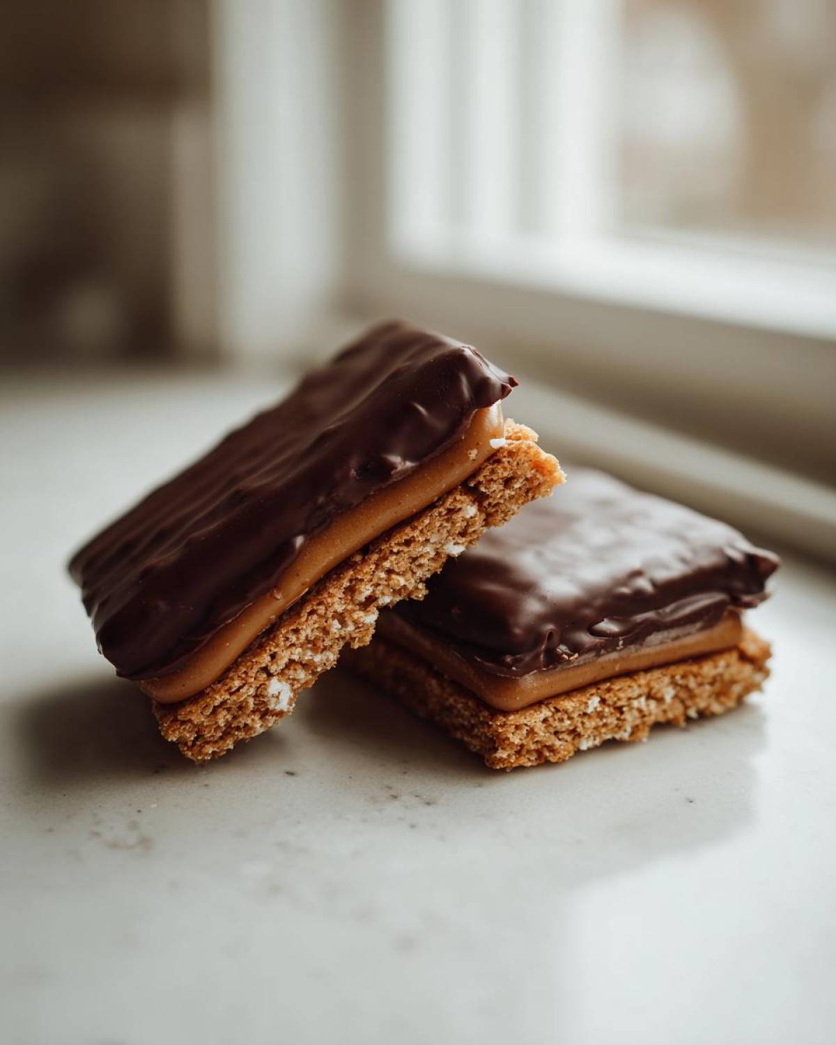 Two homemade buckeye graham crackers stacked, showing a thick layer of peanut butter filling and a generous chocolate coating.