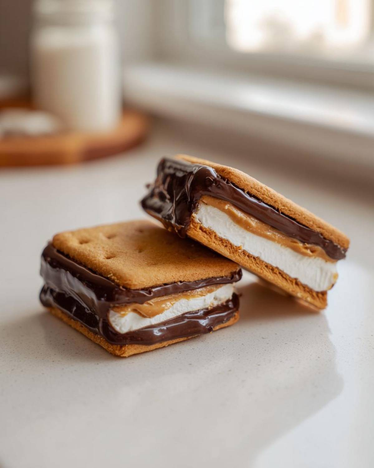Two delicious buckeye graham crackers sandwiches filled with marshmallow, peanut butter, and melted chocolate.