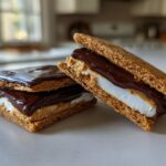 Two homemade buckeye graham crackers treats stacked with marshmallow, peanut butter, and melted chocolate.