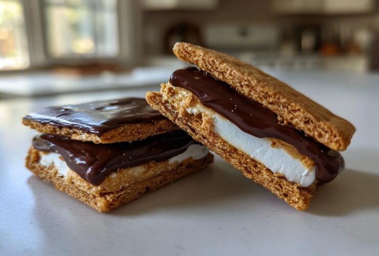 Two homemade buckeye graham crackers treats stacked with marshmallow, peanut butter, and melted chocolate.