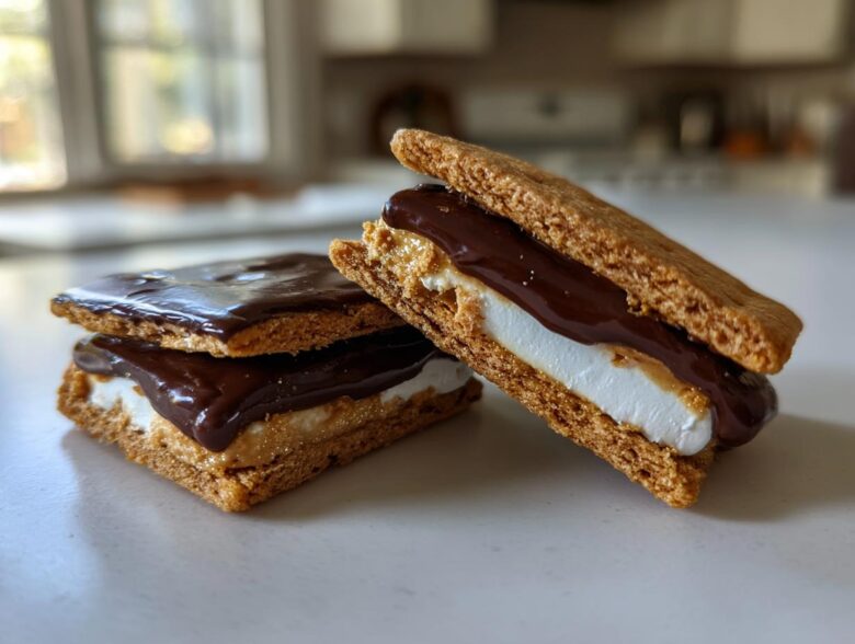 Two homemade buckeye graham crackers treats stacked with marshmallow, peanut butter, and melted chocolate.