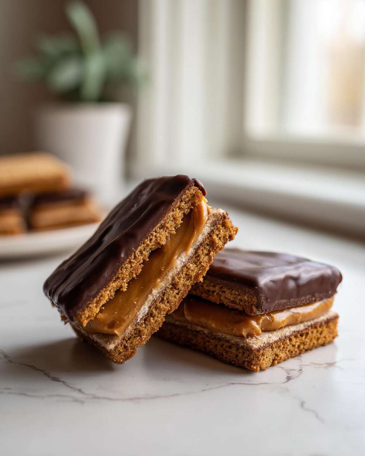 Close-up of two buckeye graham crackers stacked, showing the thick caramel filling and chocolate coating.