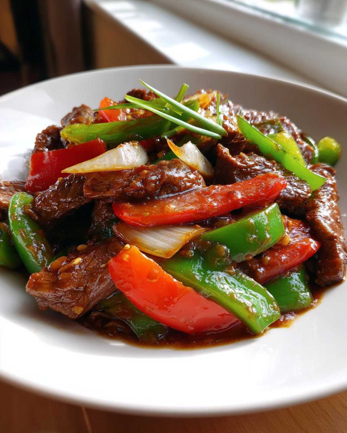 Close-up of savory Chinese pepper steak featuring tender beef strips, bright red and green bell peppers, and onions in a rich sauce.