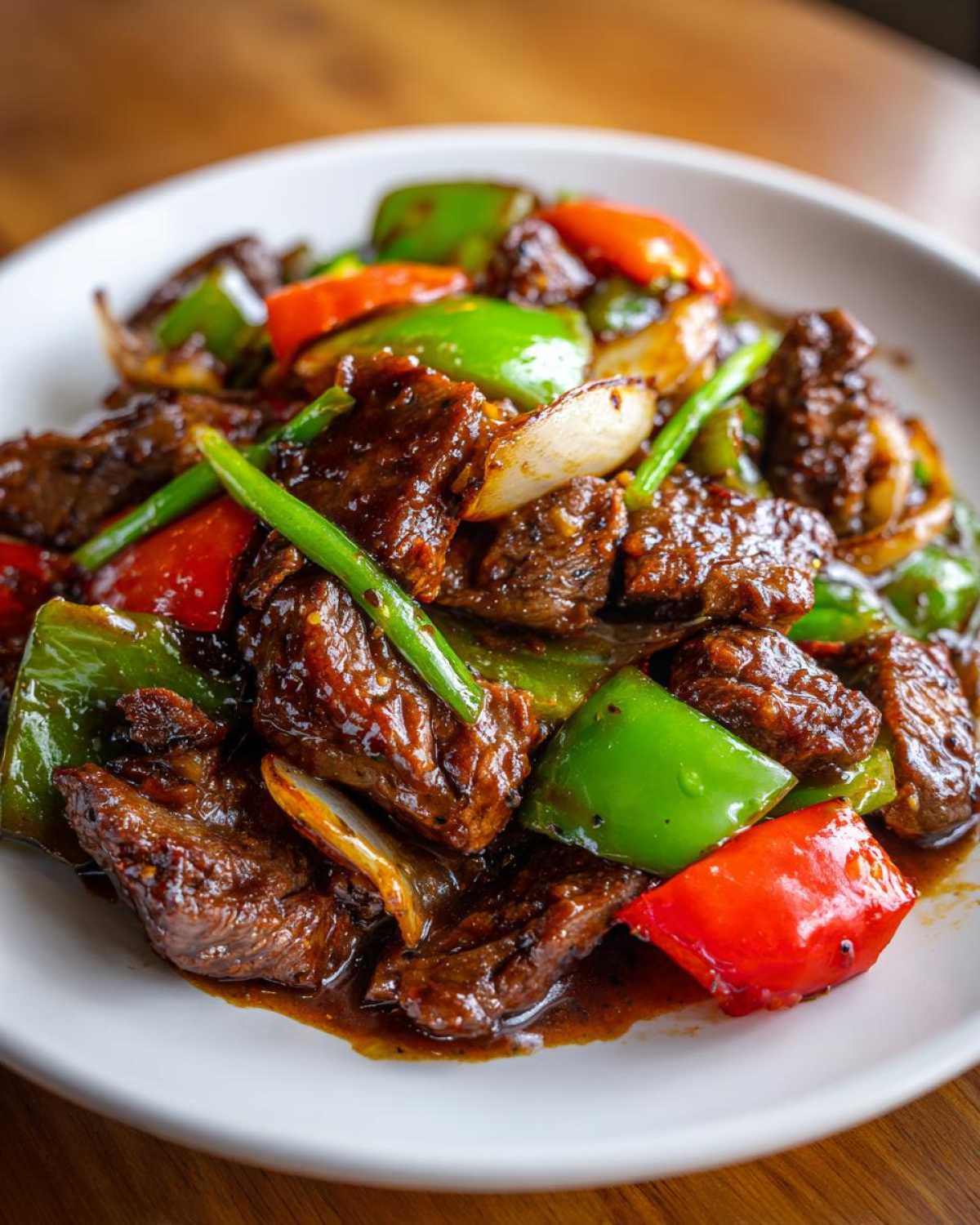 Close-up of glossy, saucy Chinese pepper steak mixed with vibrant green and red bell peppers and onions.