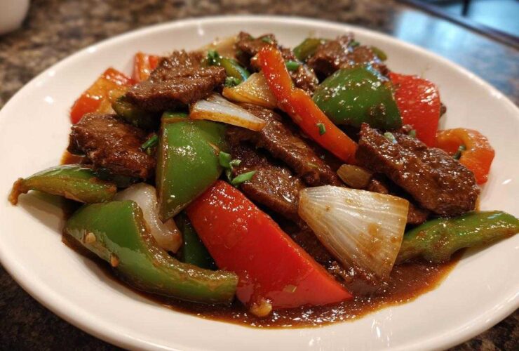 A close-up of vibrant Chinese pepper steak featuring tender beef strips, green and red bell peppers, and onions in a rich brown sauce.